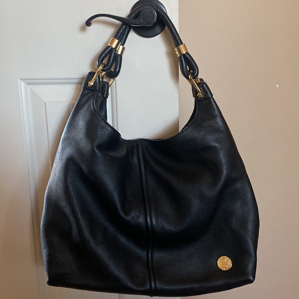 🔥 Vince Camuto black leather double handle shoulder handbag w gold hardware